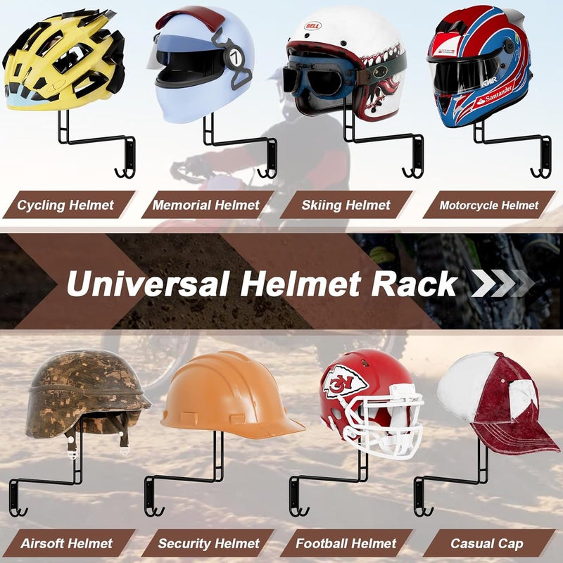 NANAGIFTREE Helmet Holder Wall Mount, 2 Pack Motorcycle Helmet Rack, Helmet Hanger Rack Motorcycle with 2 Hooks Helmet Hanger for Motorcycle Bike Coats, Caps, Baseballs and Rugby Helmet - Image 2